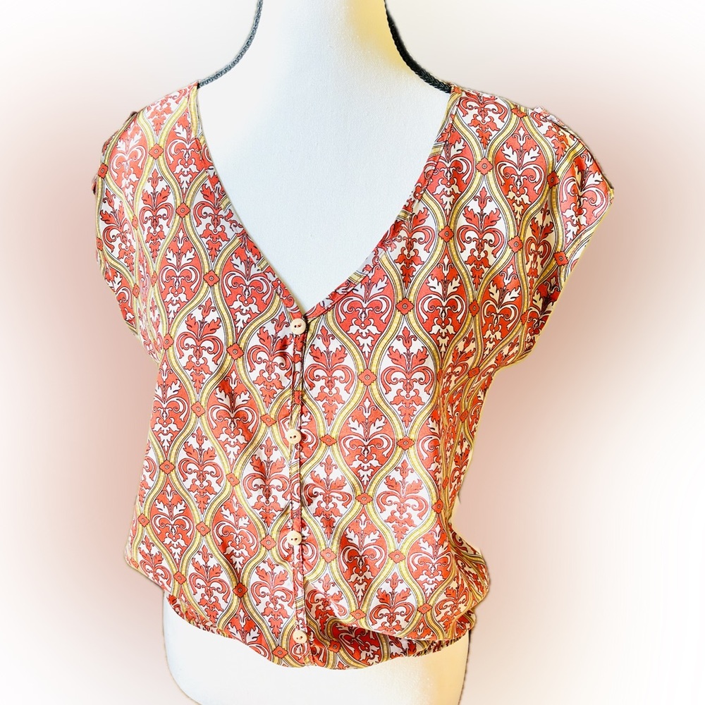 Benefit - Red and Gold Patterned Women's Top with button accents